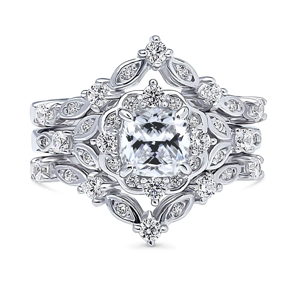 BERRICLE Sterling Silver Halo Wishbone Art Deco Chevron V Shaped Engagement Rings Statement Stackable Band for Women, Cushion Cut Cubic Zirconia CZ Ring Set