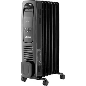 VEVOR Electric Oil Filled Radiator, 1500W Radiant Space Heater with LED Screen, Over - Heat Protections, 24h Timer, Portable Handle Casters, Thermostat, Remote Control for Indoor Use, BlackVEVOR Super Brand Day