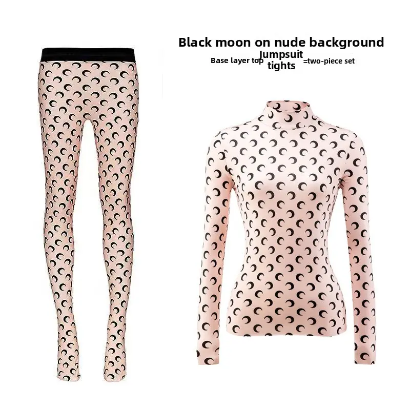 Women's 2-Piece Stretchy Seamless Athletic Leggings Set - Fashion Boutique Charms & Pendants Accent, Snug Stretch, Seamless Fit, Black Moon, Nude Polyester, Home & Outdoor Wear, Stretchy Seamless Leggings, Workout Yoga Leggings