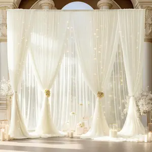 Ivory Backdrop Curtain Panels 30ft x 10ft with Lights String for Parties Sheer Tulle Wedding Backdrop Drapes 5x10ft for Anniversary Celebrations 6 Panels 5ft x 10ft Tulle Backdrop with 3 Sets of Lights String for Weddings Parties and Ceremonies