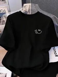 Y2K Streetwear Smiley Face Short Sleeve T-Shirt, Round Neck, Soft Heavy Cotton Fabric, Loose Fit, Cartoon Pattern, All Seasons, Casual Wear