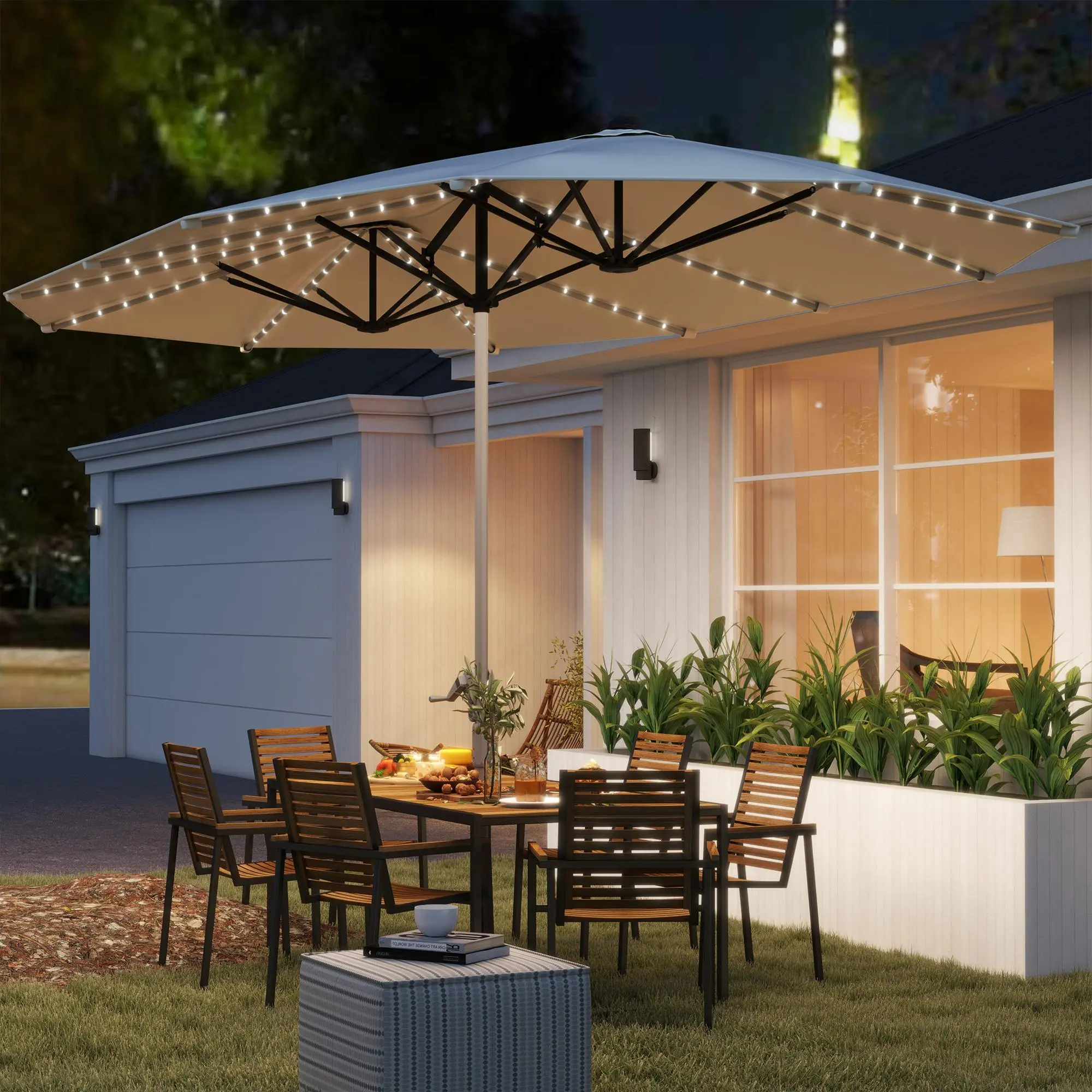 Outsunny 15ft Solar Large Outdoor Sun Umbrella Parasol, UV Defense Canopy Parasol with UPF50+ Sunshade Canopy, Aluminum Frame, Crank, Windproof Vent, for Outdoor Table, Poolside (Base Not Included), Large Outdoor Parasols
