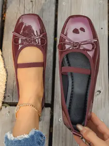 Women's All-Season Square Toe Bowknot Elastic Flat Ballet Shoes, Comfortable Vintage Casual Wear, Fashion Durable Design, Ballet Flats