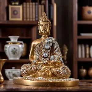 Southeast Asian Style Vintage Gold Buddha Resin Ornament, Feng Shui Decor for Living Room Entrance, Religious Collectible Gift