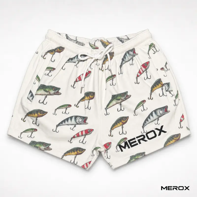 MEROX 5-in Inseam Cotton Fishing Lure Shorts, Unisex Athletic Outfits with Zipper Pockets, Multi-Size for Gym-Fish-Beach Activities
