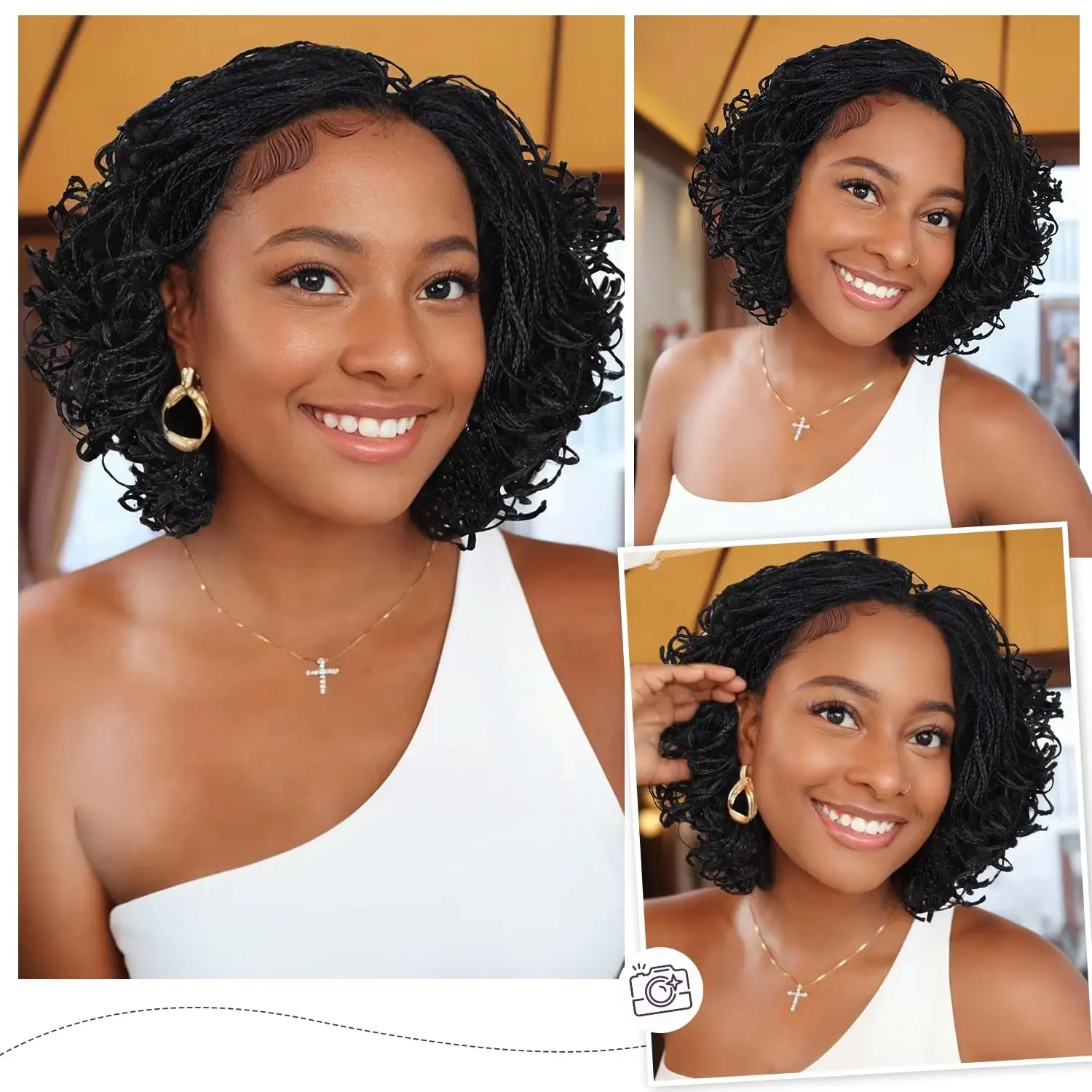 12inch Curly Synthetic Full Lace Front Braid Wig Faux Locs Black Color Large Parting Space Twist Dreadlock Wigs for Black Women
