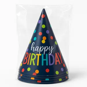 "Happy Birthday" Rainbow Polka Dot Cone Party Hats - 12 Pack
