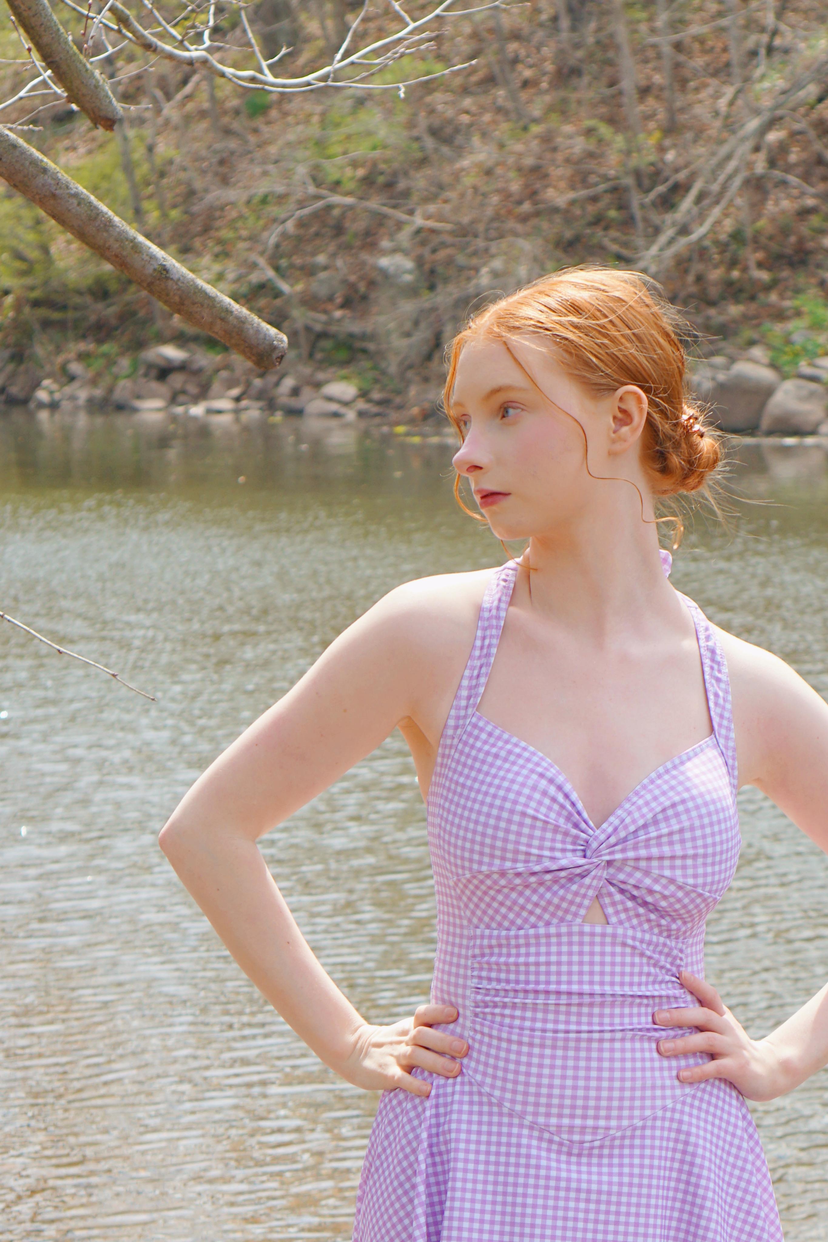 Purple 1930s Plaid Halter One-Piece Retro Halter One Piece Swim Dress for Women Gingham Print Push Up Swimsuit with Tie Back and Skirted Bottom Trendy Summer Outfit for Vacation Look and Try On Haul Retro Stage Flowy Swimdress