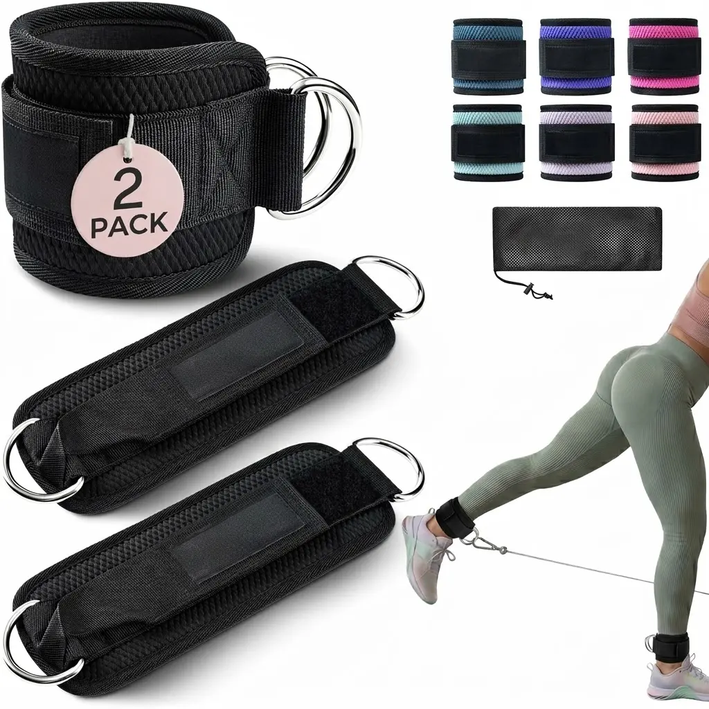 Ankle Straps for Cable Machines (2 Pack), Double D-Ring Ankle Cuffs with Extra Thick Padding, Adjustable Fit for Women & Men Glute Kickbacks, Hip Abductors & Leg Curls, Includes Mesh Bag