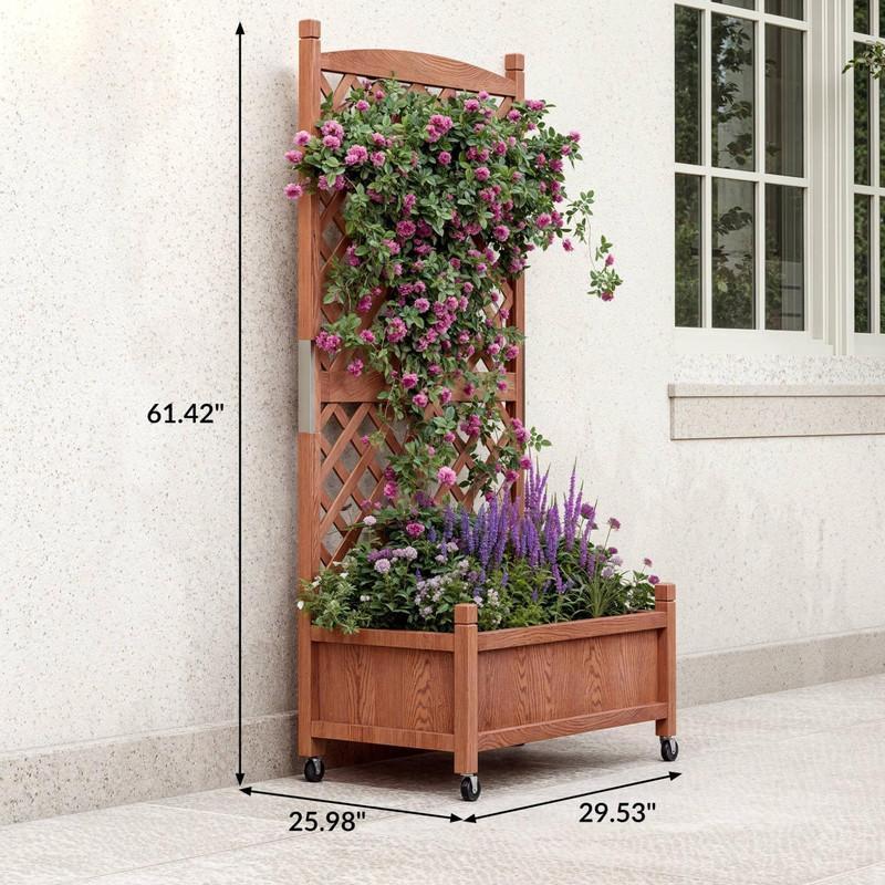 1PC Wood Planter Box with Trellis - 29.5"x26"x61.5" Tall Raised Garden Bed with Wheels, Drainage Holes, Vertical Flower Stand for Patio Horticulture