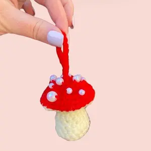 Crochet Pearl Mushroom Keychain