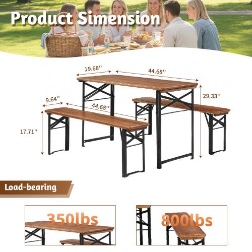 Karlhome 3pcs 4/6FT Folding Picnic Tables with Benches Set, Weather-Resistant Wooden Beer Garden Table Bench, 3-Piece Portable Fold Up Camping BBQ Table w/Carrying Handles,Natural Wood Color