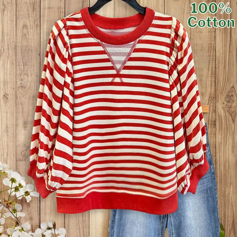 SageVell Women's Striped Oversized Cotton Hoodie Pullover - Long Puff Sleeves, Round Neck, Casual Loose Fit, Red Green Purple Khaki, Athleisure Daily Wear Women's Tops