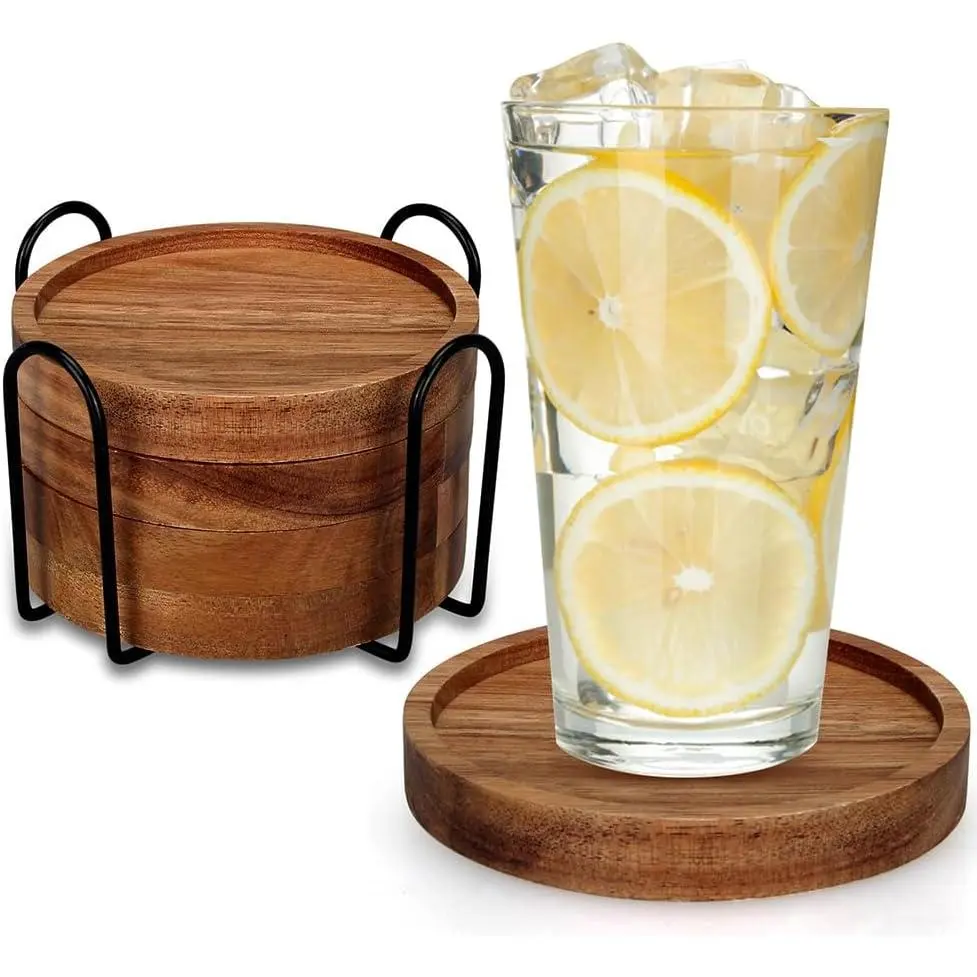 6 Pcs Best Wooden Coasters with Holder Coffee Table Decor Acacia Wood Coaster Set Modern Cup Coaster for Drink Home Dining Table Kitchen Accessories Cute Beer Bar Decorative Rustic Outdoor Coasters