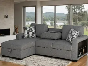 FM64005GY-LC 2 pc Chatham grey fabric 93" sectional sofa set with storage chaise pop up sleep area and storage arms
