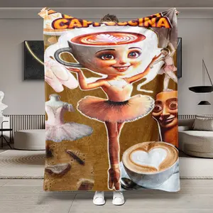 Ballet Coffee Patchwork Fleece Blanket, Soft Hypoallergenic Fabric with Fun Ballerina Cappuccina Design, Versatile for Sofa and Bed, Easy Machine Wash Gift