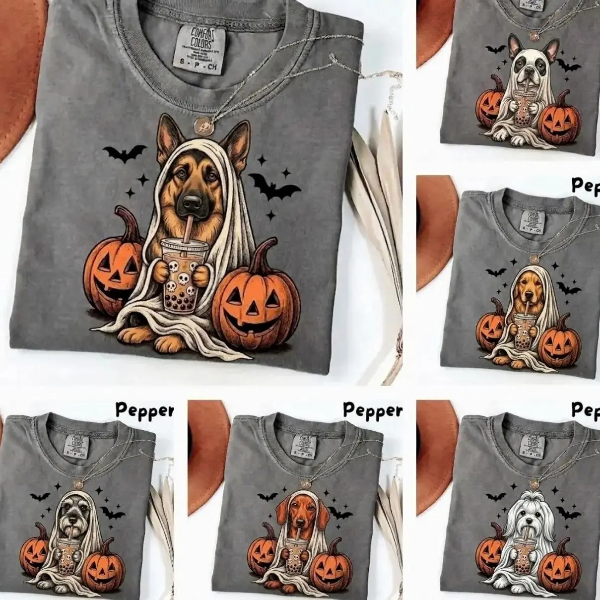 Comfort Colors Custom 50+ Dog Breeds Ghost & Boba Tea Halloween T-Shirt, Personalized Funny Dog Graphic Tee, Spooky Season Pet Lover Shirt, Cute Halloween Gift for Dog Moms & Dads, Custom Breed Apparel for Women & Men