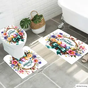 1/3Pcs Easter Floral themed Basket with Colored Eggs Bathroom Mat Set, Flannel Non Slip Bath Rug, Toilet U-Shape Mat, Toilet Lid Cover, Thickened Soft Absorb Water, Microfiber Surface Memory Foam Cushion, Home, Flower