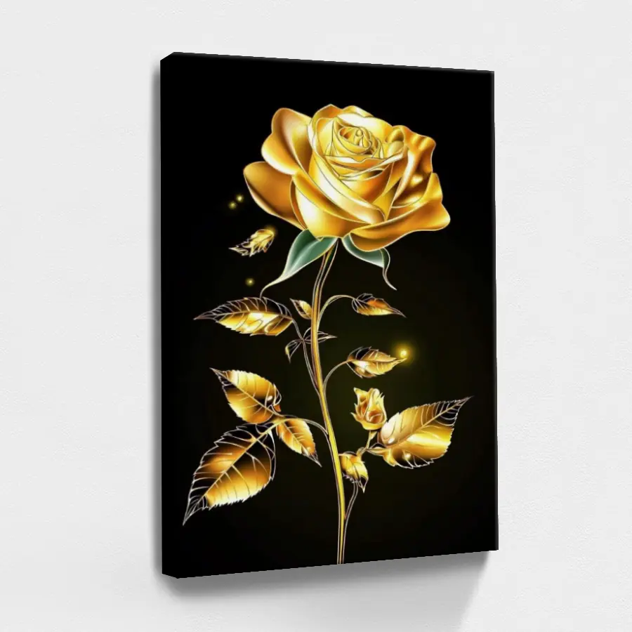 Retro Waterproof Wood-Framed Botanical Painting, 08x12x0.8in, Black Background, Golden Rose-Green Leaf Motif, Metallic Sheen Digital Graphics, Stretch Design, Bedroom Home Wall Decor, Home Supplies Gift