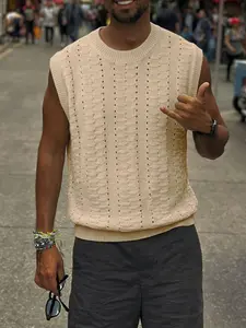 Spring Summer New American Street Style Classic Men's Polyester Hollow Knit Vest, Sleeveless Round Neck Striped Knit Jumper, Casual Urban Fashion Top