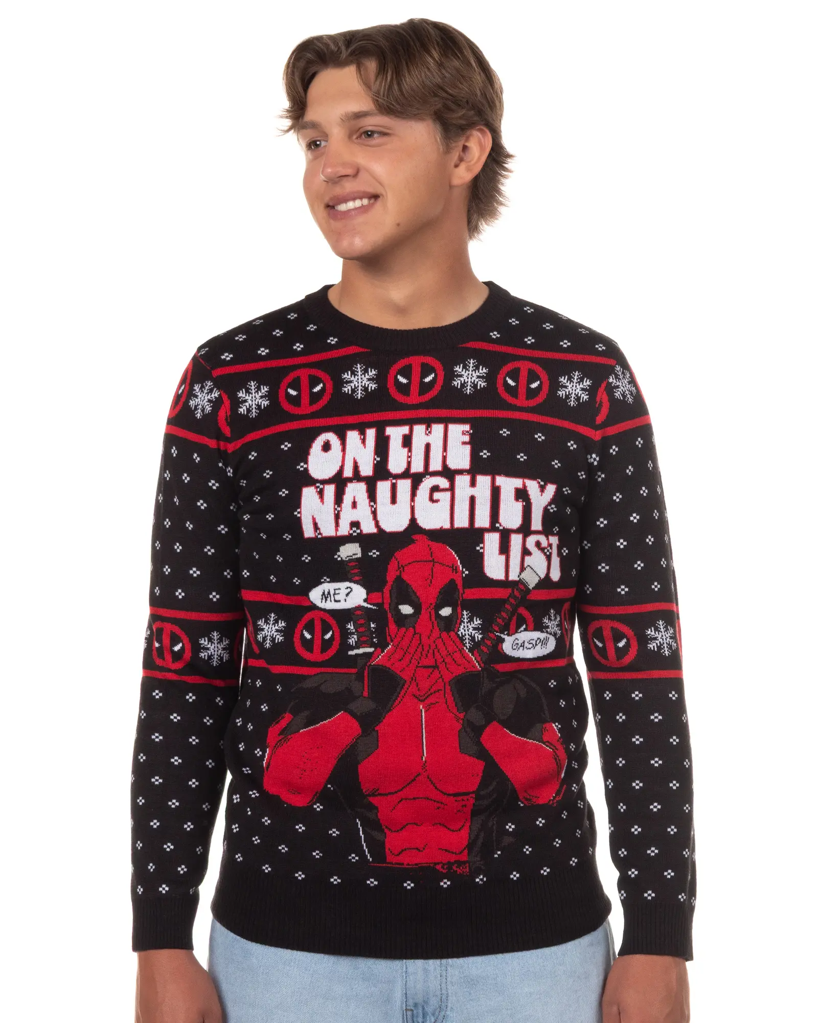 Marvel Deadpool Men's On The Naughty List Ugly Christmas Pullover Crewneck Sweater