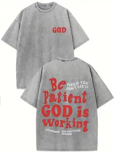 Be Patient, God Is at Work. Printed Retro Washed High-Quality Pattern T-Shirt Women's T-Shirt Old Style Summer Clothing Drop Shoulder Sleeve Round Neck Top Short SleeveWashed fathersdaygift