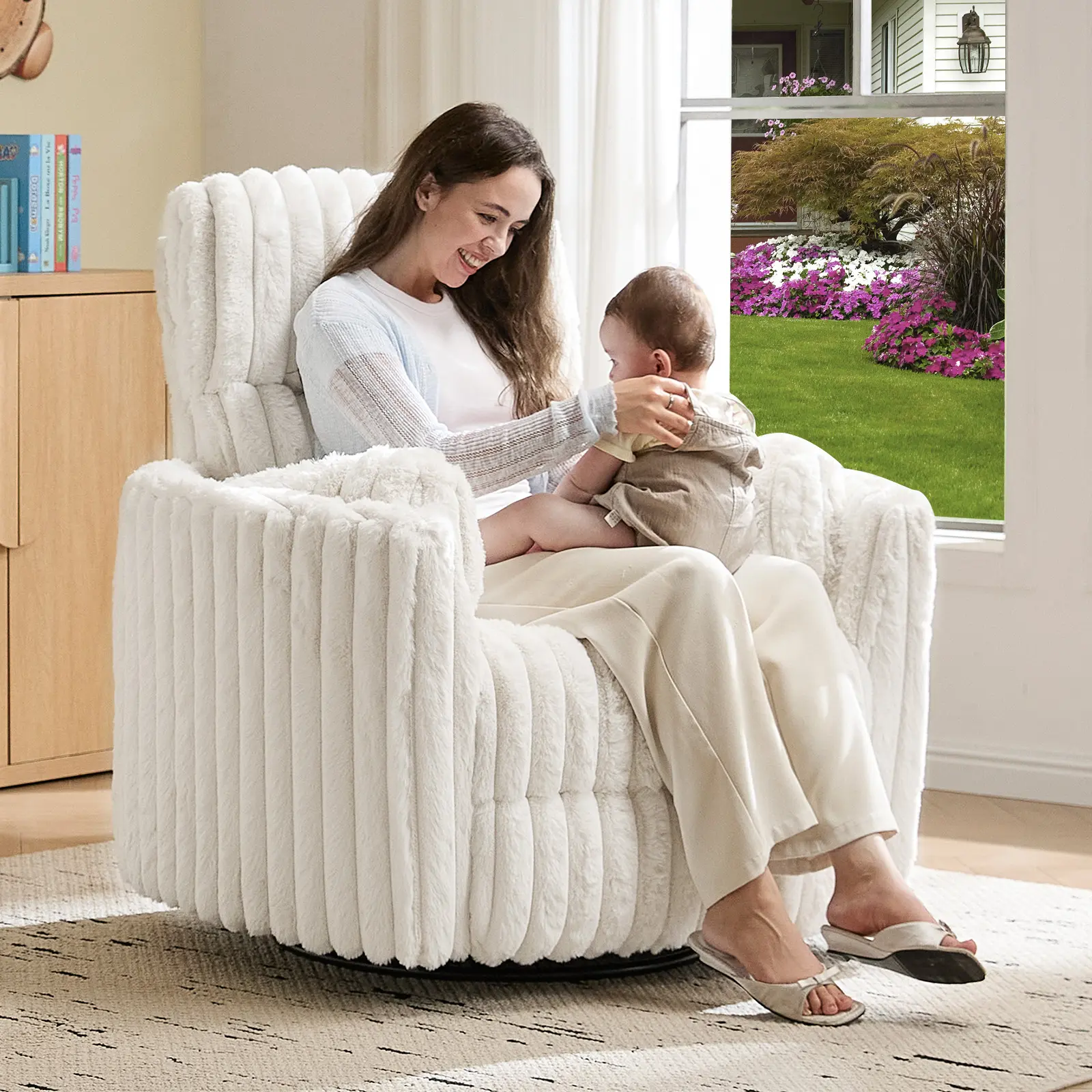 [Summerwins] [SummerFinds] AMERLIFE Power Recliner Nursery Chair for Adults, Electric Swivel Rocking Glider with USB & Type-C, Soft Fabric Armchair with 2 Pillows, Cozy Reclining Sofa for Living Room, Bedroom