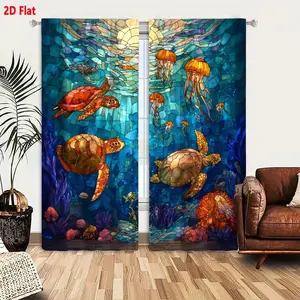2D Flat Stained Glass Underwater Scene 2-Piece Curtain Set, Blue Gradient Sunlight Turtle Jellyfish Design, Semi-Sheer Sheer Window Curtains for Bedroom Living Room, Magical Ethereal Ocean Theme Home Decor, Home Decoration Curtain