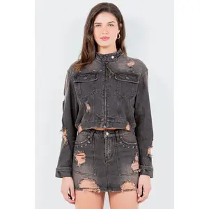 American Bazi Full Size Distressed Star Stud Trim Denim Rider Jacket Plus Size jacket woman