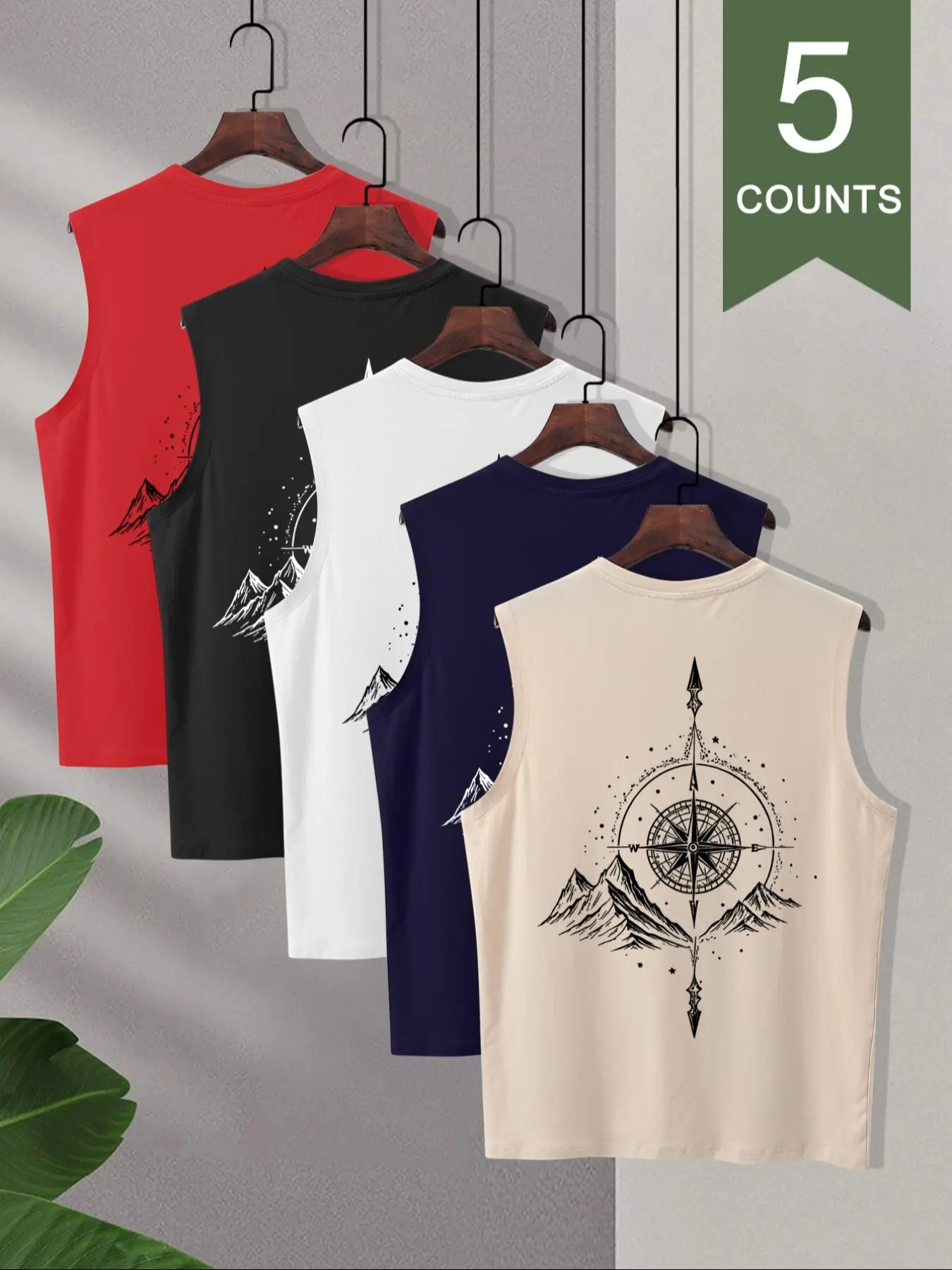 5pcs Men's Compass Mountain Graphic Sleeveless Tank Top, Casual Loose Fit Crew Neck Vest, Multiple Patterns Available, Trendy Basic Tops for Summer Beach, Street Style & Daily Lounge, Stylish Tank Tops
