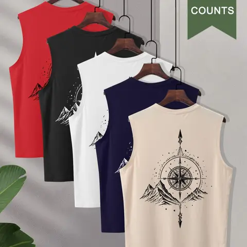 5pcs Men's Compass Mountain Graphic Sleeveless Tank Top, Casual Loose Fit Crew Neck Vest, Multiple Patterns Available, Trendy Basic Tops for Summer Beach, Street Style & Daily Lounge, Stylish Tank Tops