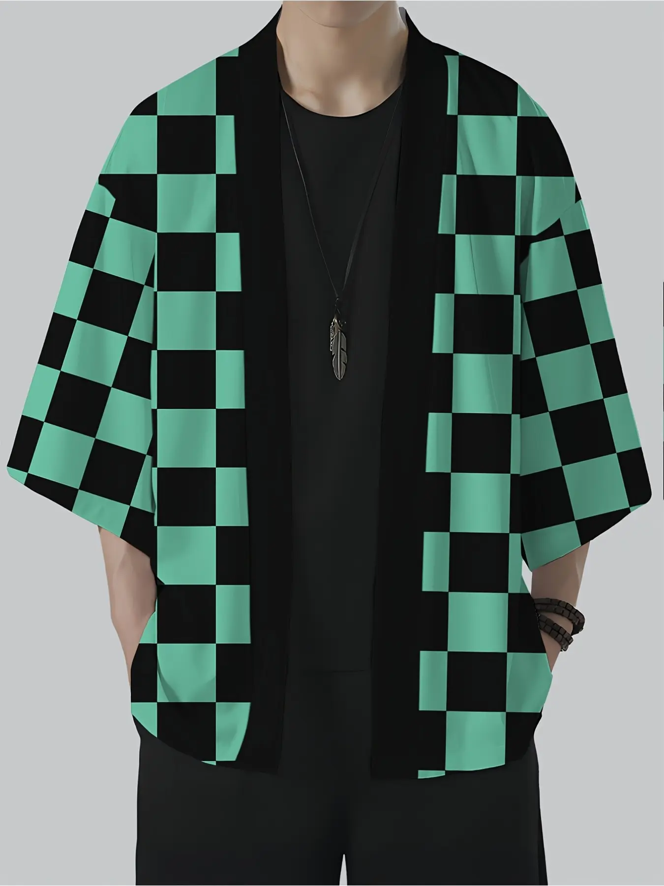 Japanese anime kimono green and black checkered cardigan, seven quarter sleeved Japanese loose fitting tracksuit jacket, summer thin breathable sunscreen jacket, street casual top, Streetwear Fabric, Print