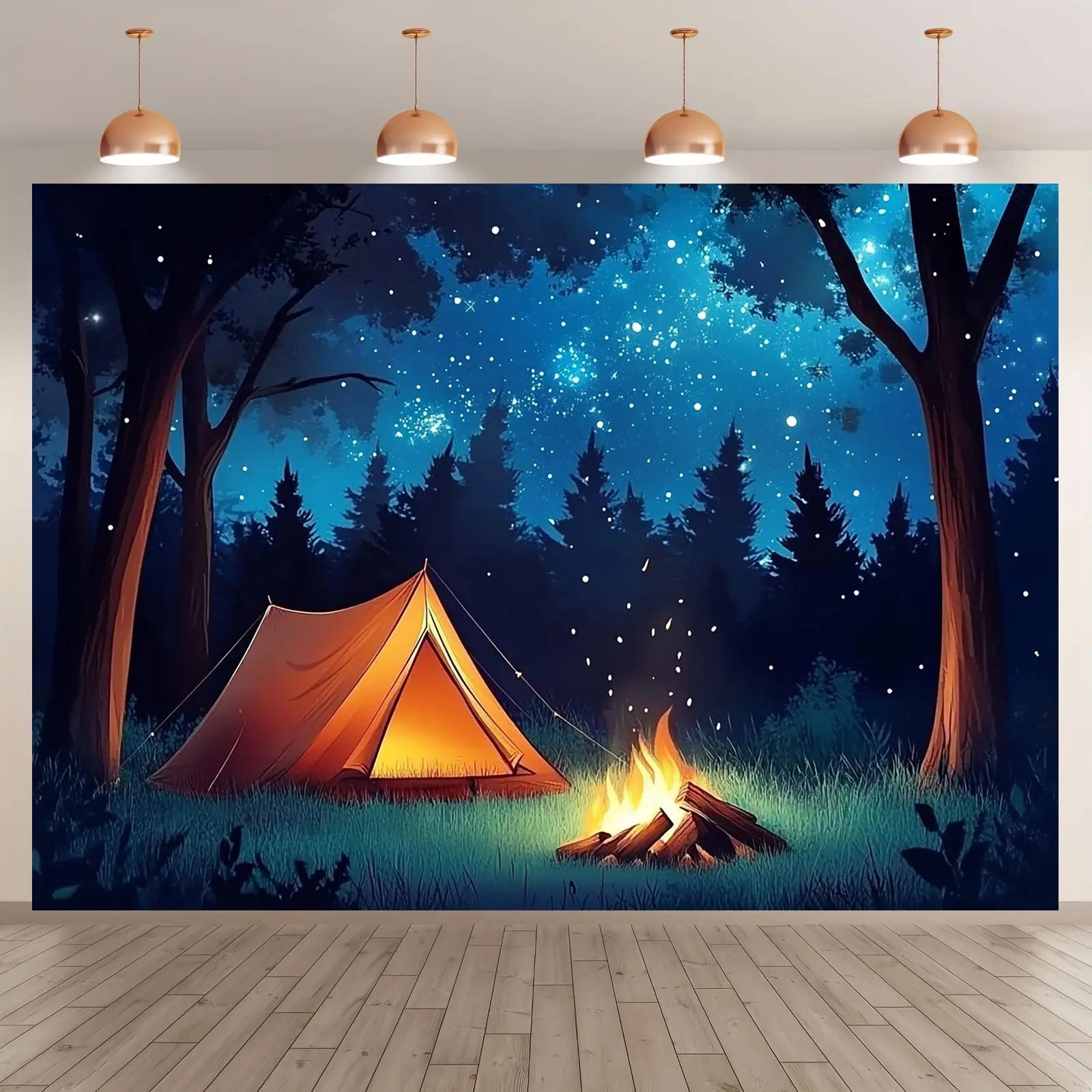 Charming Forest Camping Background Banner, Starry Sky & Campfire Design, Durable Polyester Party Decoration, Anniversary, Graduation, Birthday