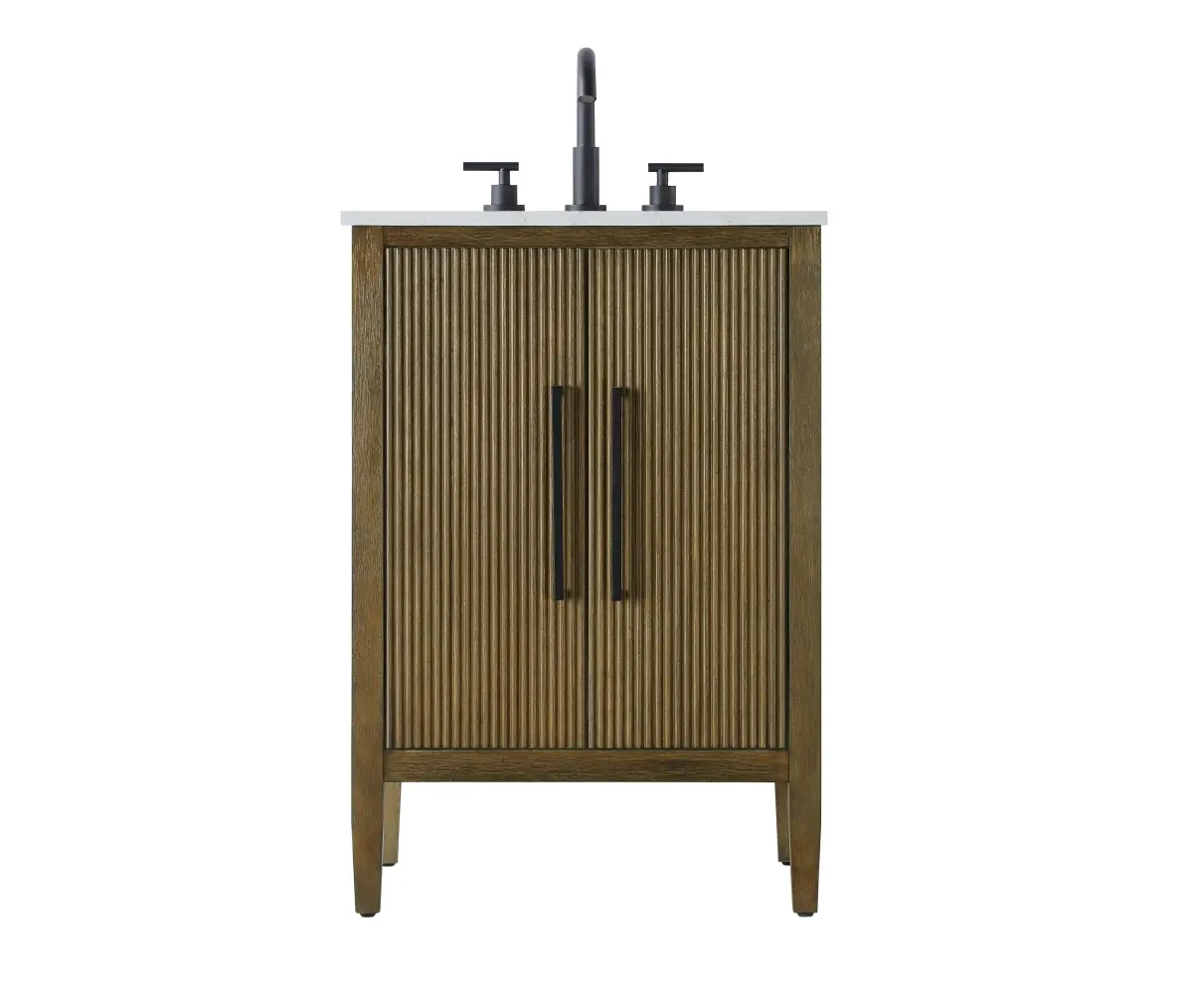 360 Stand 24x21.5" Free-Standing Solid Wood Single Bathroom Vanity, Rectangle Shape with Fluted Doors, Textured Finish, Hazel Oak, Transitional Elegant Design, Flat-Top Floor Cabinets, Vanity Table, Marble White