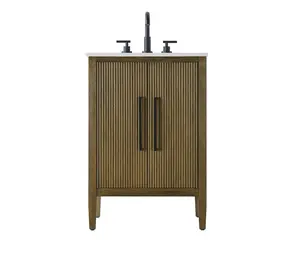 360 Stand 24x21.5" Free-Standing Solid Wood Single Bathroom Vanity, Rectangle Shape with Fluted Doors, Textured Finish, Hazel Oak, Transitional Elegant Design, Flat-Top Floor Cabinets