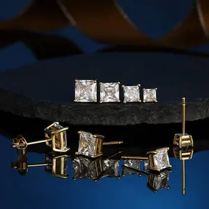 4 Pairs 925 silver Real Gold Plated Square Stud Earring Set, Princess Cut Clear Cubic Zirconia Curvy Studs Hypoallergenic Gemstone Earrings Pack for Women and Men elegant zircon