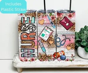 Leopard NURSE 20oz Tumbler Bottle Drinkware Lid Straw Insulated Stainless