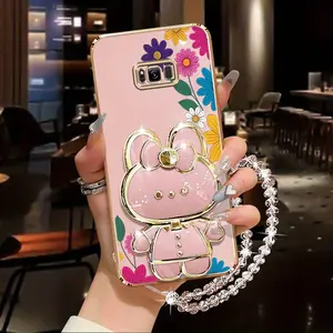 Pearl Strap Lanyard S8+ Shockproof PC Phone Holder Case Compatible With for Samsung Galaxy S8 Plus Flower Pattern and Rabbit Stand Case Cover for Fashion