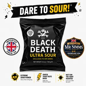 Mr Simms Black Death Ultra Sour Candy Snack, UK Import 3.5oz Authorized Distributor, Sharp Acidic Coating, Tangy Lemon Center, Challenge-Style Sour Food Treat Mr Simms Black Death Ultra Sour Candy Snack, UK Import 3.5oz Authorized Distributor, Sharp Acidic Coating, Tangy Lemon Center, Challenge-Style Sour Food Treat