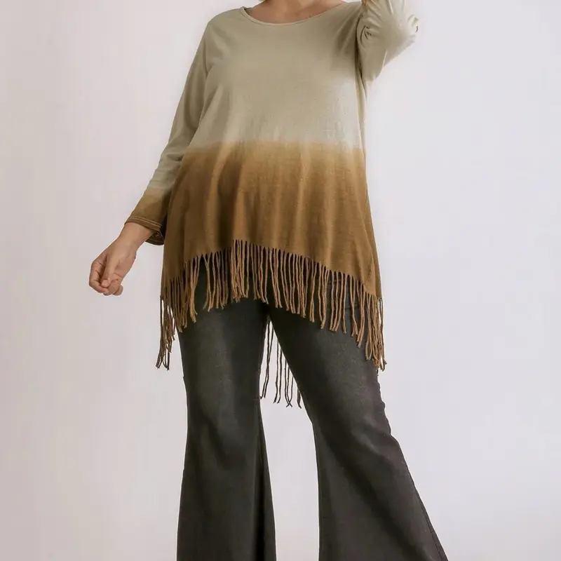Two Tone High Low Linen Tunic with Fringe - Soft & Stylish for Everyday Wear