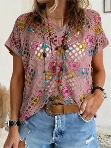 Spring/Summer style, V-neck diamond hollow-out loose batwing raglan short sleeve cover-up, contrast color floral print women's knitted top, vacation style, bikini cover-up, Beach swimsuit cover, Swimwear cover up