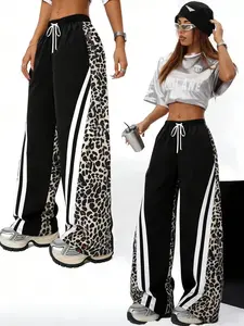 Women's Patchwork Leopard Print Pants, Casual Loose Fit Drawstring Waist, Long Knit Trousers for All Seasons, Versatile Outdoor Sportwear, Casual Chic Bottoms