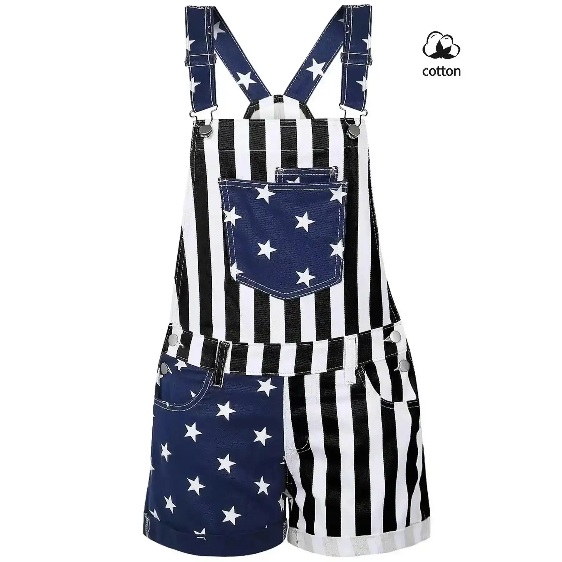 Women's Summer Denim Overall Shorts, Casual Loose Multi-Pocket Design, American Flag Element Rolled Hem, Neutral Style Couple