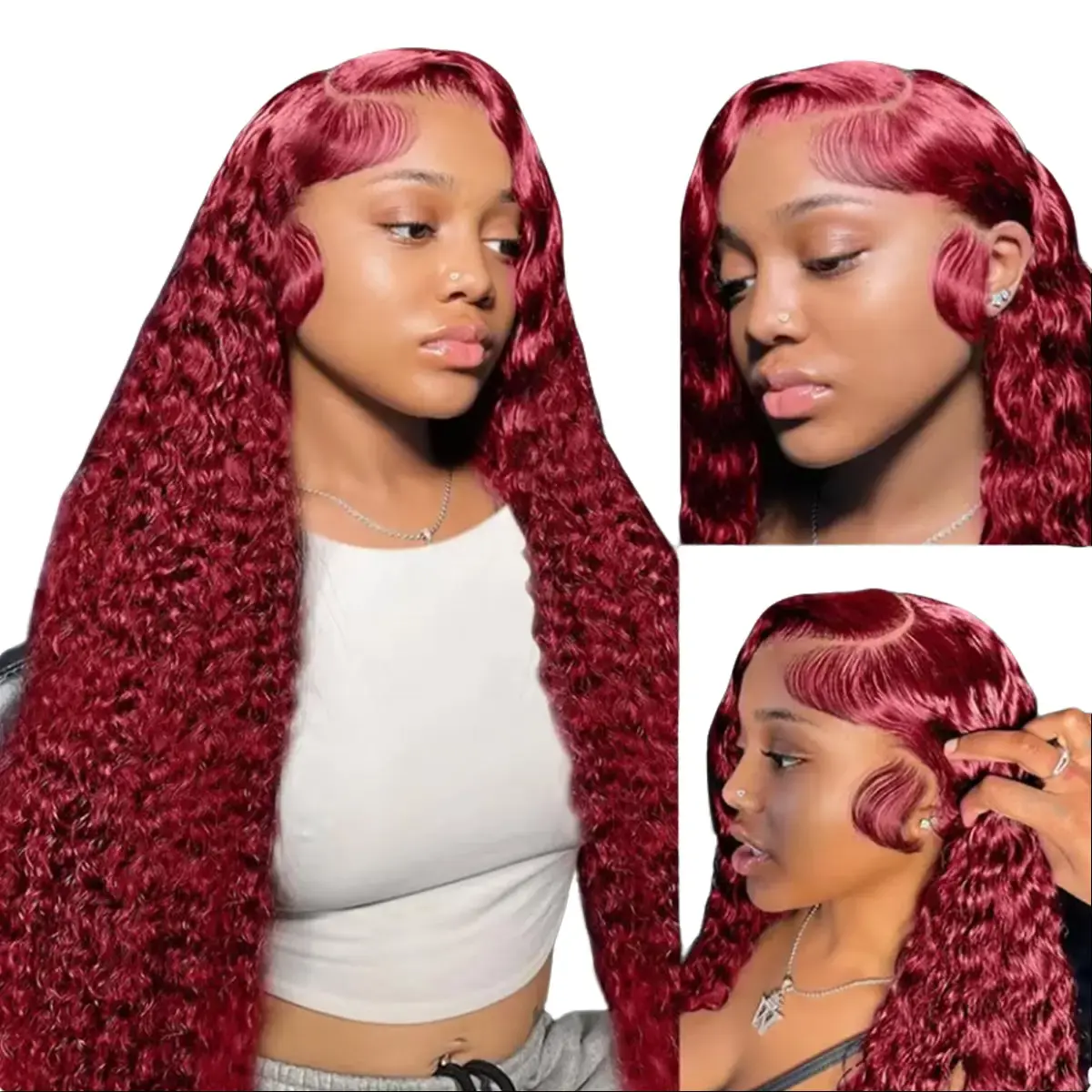 Women's 13x6 HD Transparent Human Hair Frontal Wig, 30-Inch Deep Wave Pre-Plucked Full Voluminous Hyperrealism Wig, Black 99j Burgundy Color, Frontal Wig 13X6