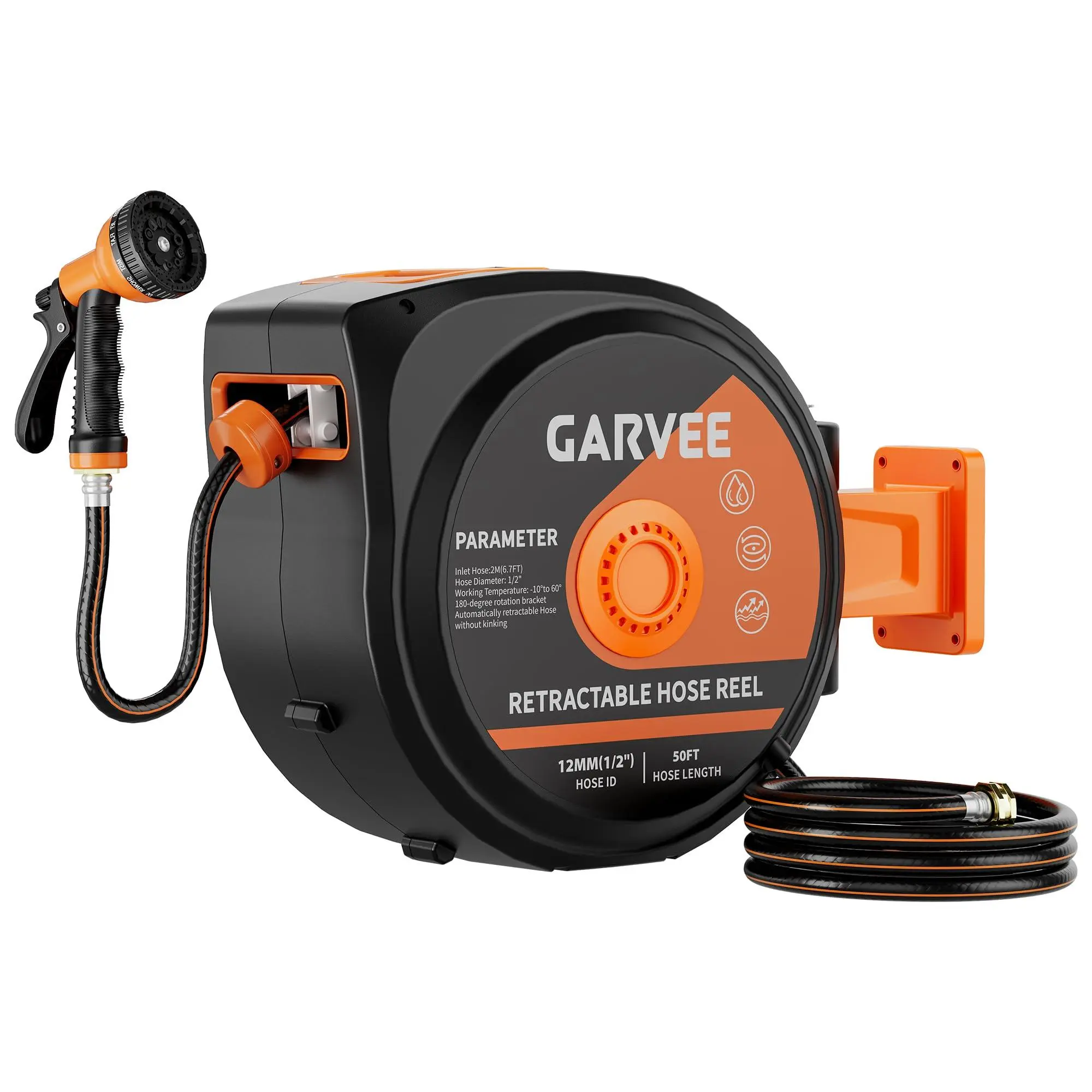 GARVEE Wall-Mounted Retractable Garden Hose Reel, 1/2 in x 50 ft Heavy Duty Model with 10-Pattern Nozzle, Any-Length Lock, Upgraded Slow Return System and 180° Swivel Bracket (50ft length included)