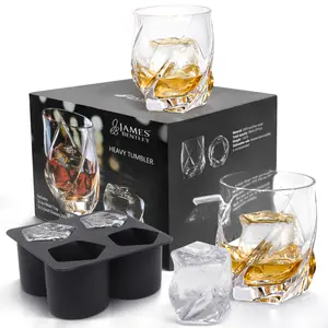 Vride Crystal Whiskey Glasses/ Set of 2 /Matching Engraved Silicone Ice Ball Mold Tray/ 9oz Heavy Tumbler Whisky Hand Blown Glass/ Scotch Bourbon Manhattan Old Fashion Cocktail/ Gift Set Men