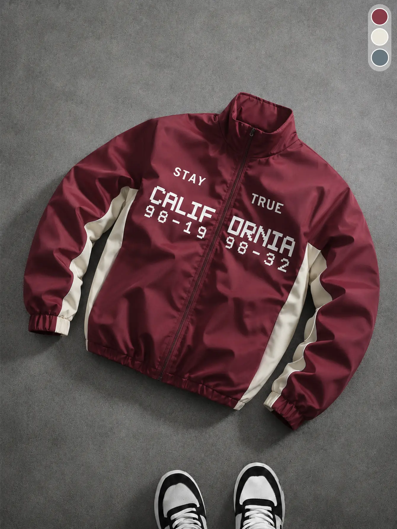 Men’s burgundy and white color-block athletic jacket, street-style casual top “STAY TRUE CALIFORNIA” printed windproof jacket