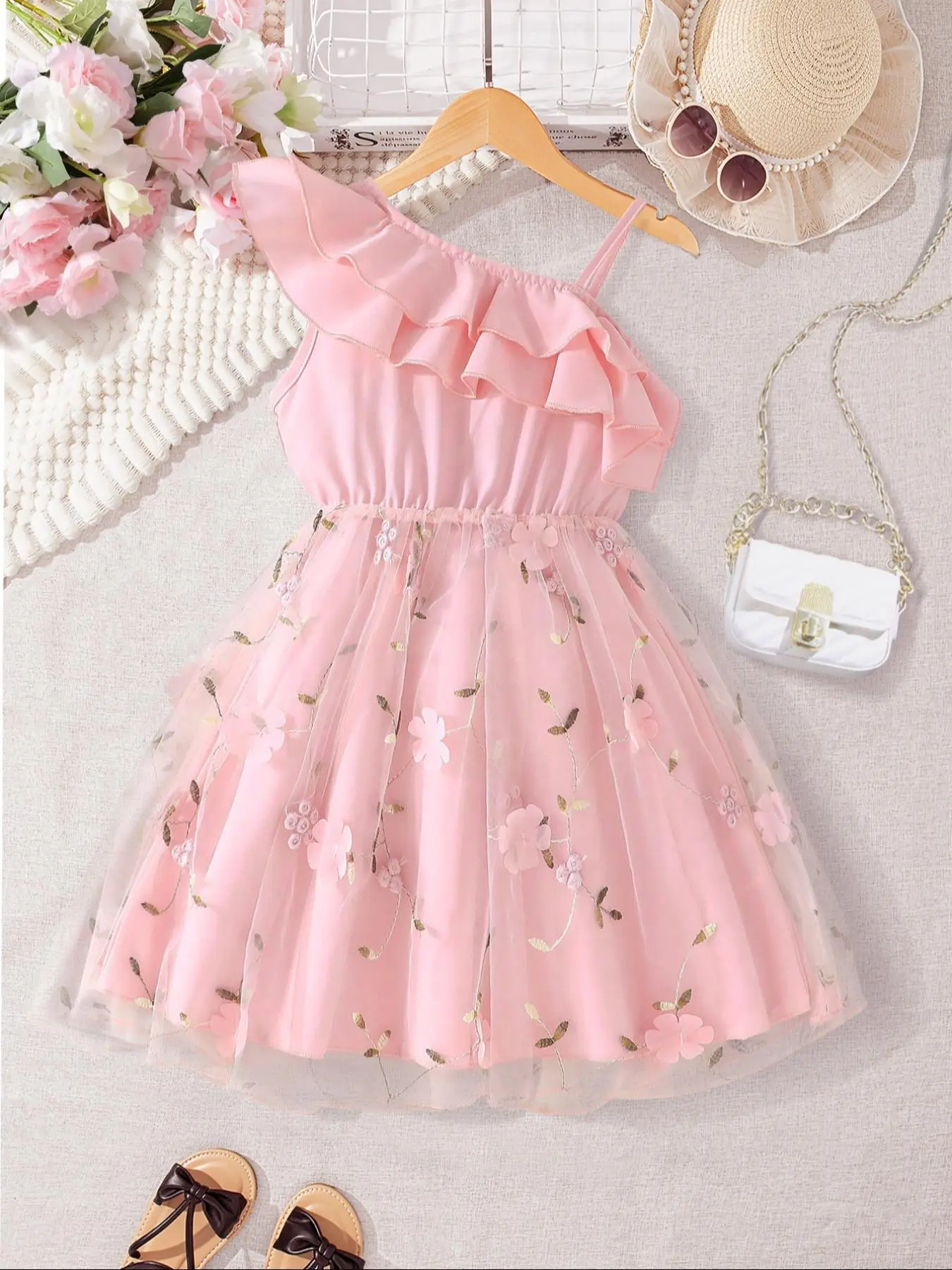 Girl's Embroidery Ruffle Trim Dress, Elegant Dress for Party Holiday Wedding Guest, Kids Summer Clothes, Floral Embroidery Dress