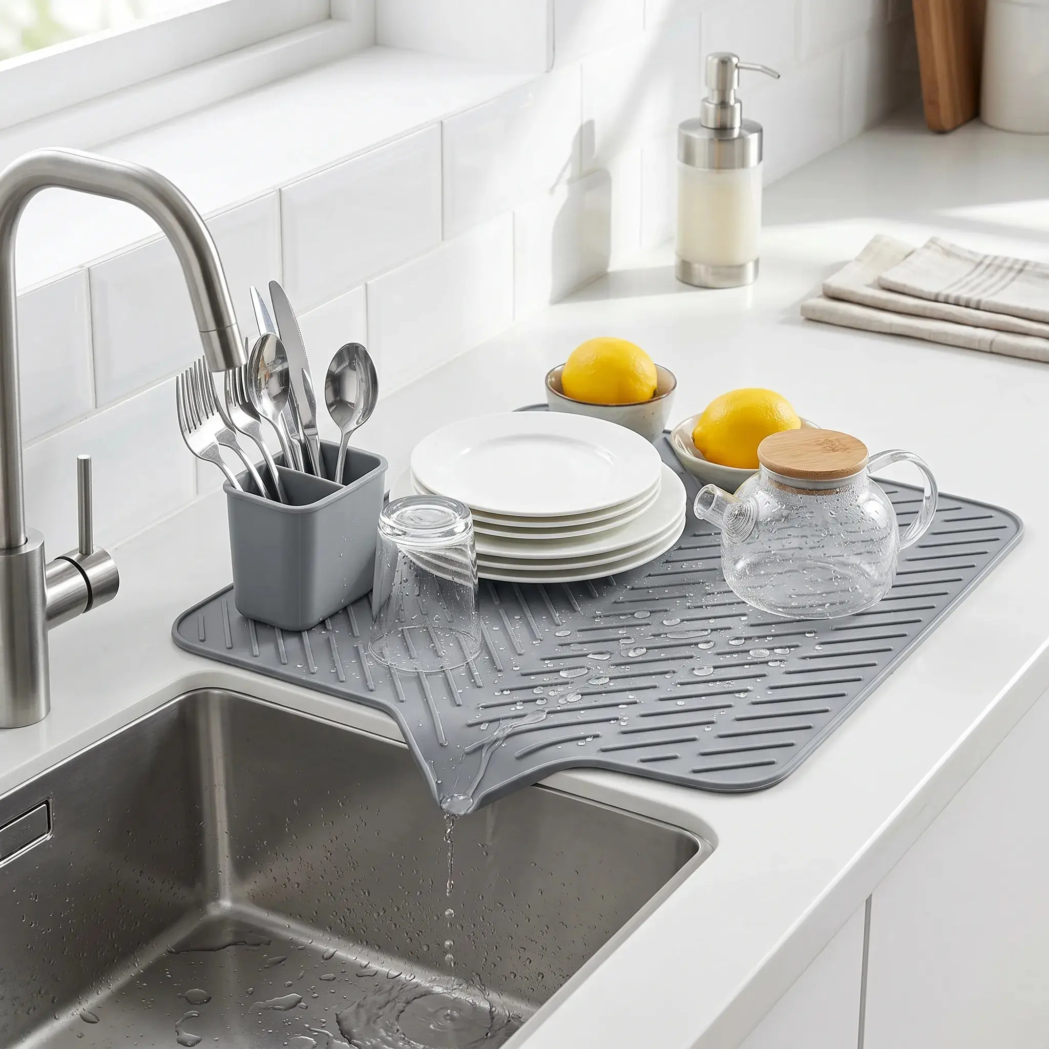 Silicone Large Size Dish Drying Mat with Built-in Drain Lip Easy-Clean High Temperature Resistance Coasters for Kitchen Counter 2026 New Year's Gift Saving Kitchenware