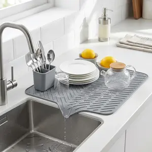 Silicone Large Size Dish Drying Mat with Built-in Drain Lip Easy-Clean High Temperature Resistance Coasters for Kitchen Counter 2026 New Year's Gift Saving Kitchenware